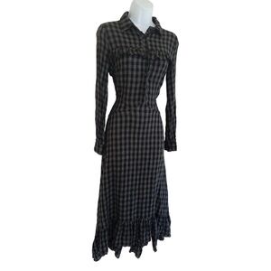 Vintage gray black plaid victorian ruffles prairie peasant goth maxi dress S-M